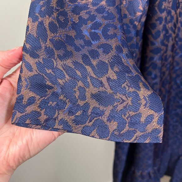 Sezane Auberie Babydoll Dress Size 38 US 6 Blue Gold Ruffle Leopard Drop Waist - Picture 6 of 11